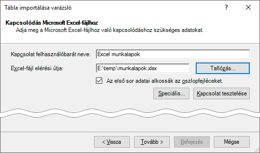 PowerPivot, Tábla importálása varázsló Kapcsolódás Microsoft Excel-fájlhoz ablaka
